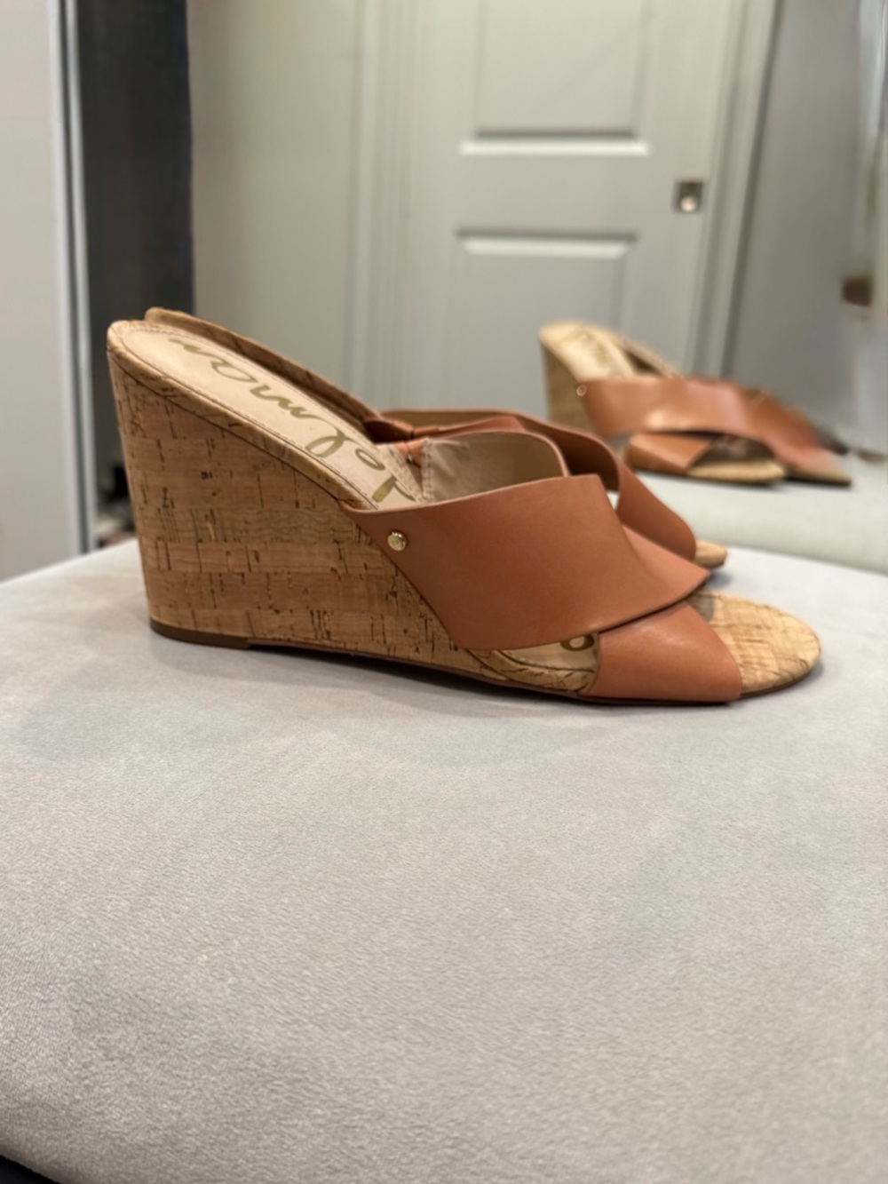Sam Edelman Wedges Women's 11 Brown Leather Strappy Cork Slip-on Casual Shoes
